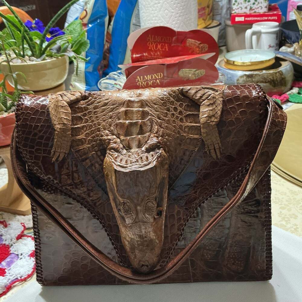 Vintage Authentic Taxidermy Alligator Head Purse Crocodile Leather Handbag